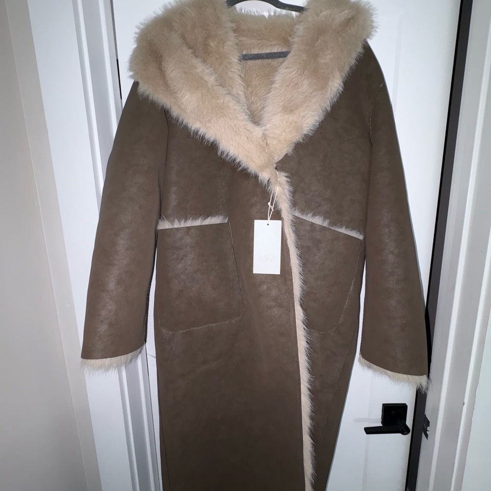 Zara Taupe Faux Shearling Long Teddy Coat with Cream Fur Trim